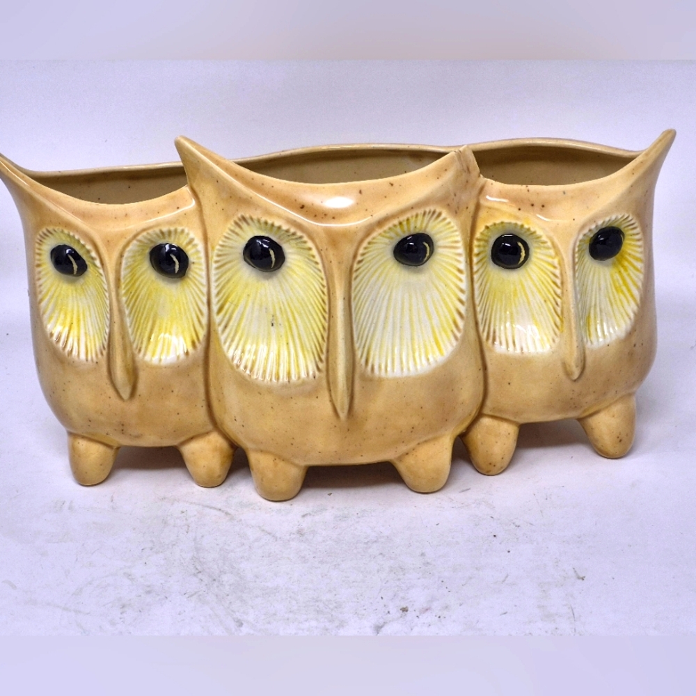 Vintage MCM Ceramic Three Owl Planter